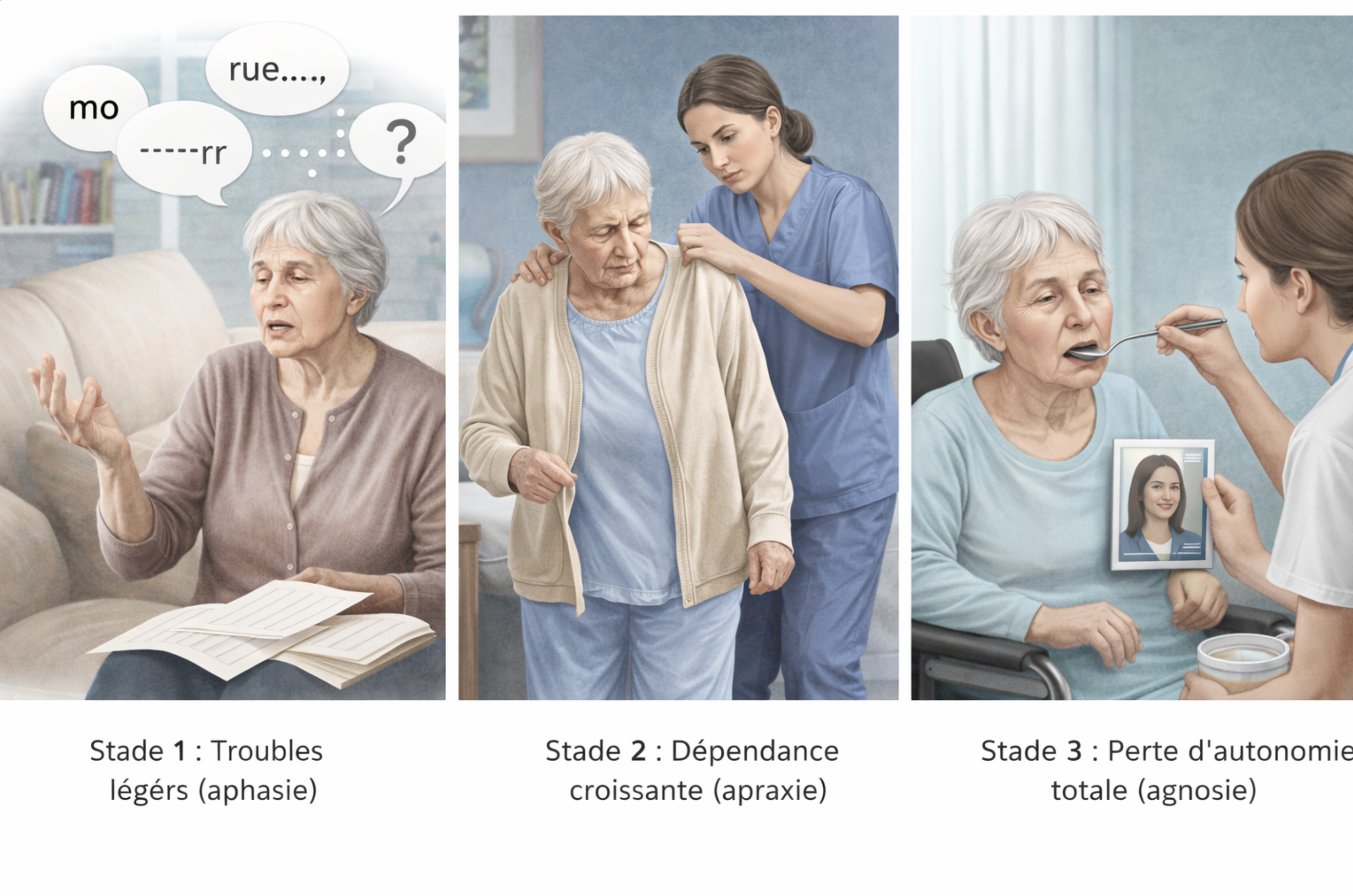Illustration médicale représentant les trois stades de progression de la maladie d’Alzheimer chez une personne âgée : stade 1 avec troubles légers du langage et de la mémoire (aphasie), stade 2 avec dépendance croissante et difficulté à effectuer les gestes quotidiens (apraxie), et stade 3 marqué par une perte totale d’autonomie et des troubles de reconnaissance des visages (agnosie).